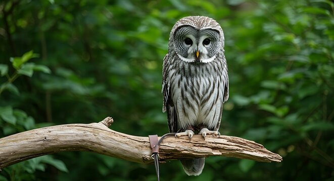 A barred owl perched on a mossy branch in a lush forest