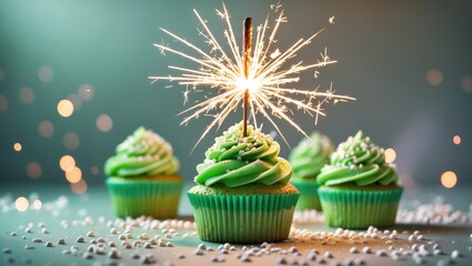 Celebration cupcakes with a sparkler, featuring green frosting and sprinkles, set against a festive background.