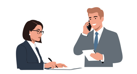 Dynamic business interaction depicting a woman signing papers and a man communicating by phone demonstrating effective team communication