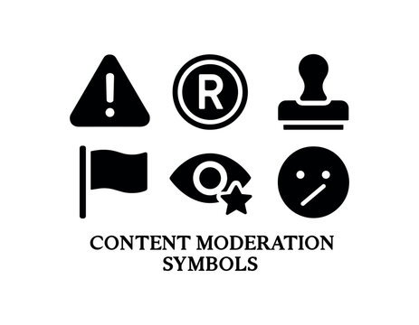 flat black solid icon items isolated on white background content moderation (symbols): warning icon restricted badge approval stamp red flag eye review silence mark