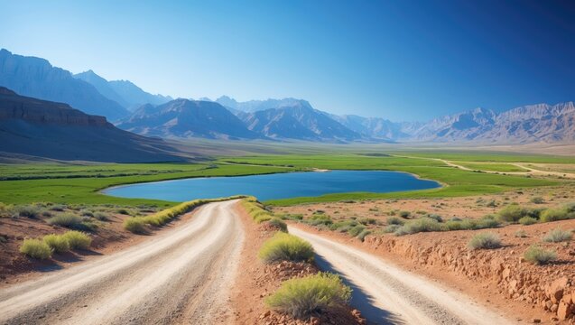 Dirt road leading to a lake in a valley surrounded by mountains under a blue sky. Nature and landscapes, tranquility, outdoor adventure, and scenic views. The concept of rural areas and natural bea...