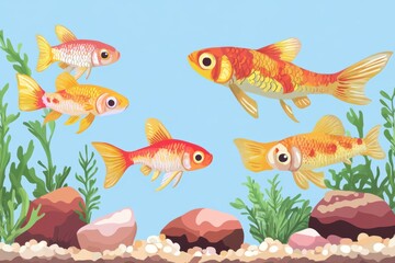 Colorful goldfish swimming in aquarium with plants and rocks illustration