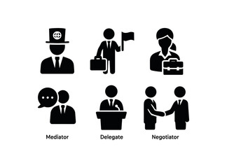 flat black solid icon items isolated on white background diplomat (roles): ambassador envoy attache mediator delegate negotiator