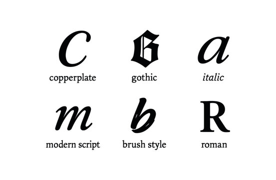 flat black solid icon items isolated on white background calligraphy (styles): copperplate gothic italic modern script brush style roman