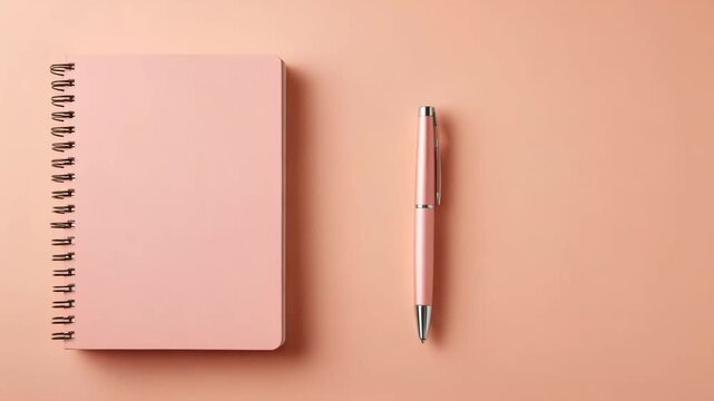 Single pastel pink notebook and pen on a soft peach backdrop, balanced frame and minimal shadow,