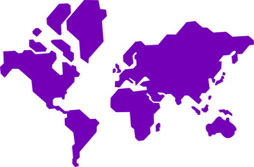 Obraz premium Purple silhouette world map featuring all continents in a flat, minimalist design. Ideal for educational, infographic, or travel-themed creative and editorial use.