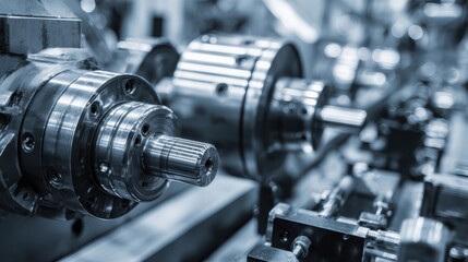 Fototapeta premium High-tech industrial components in sterile metal setting, designed for robotics publications, smart factory content, and advanced manufacturing promotions.