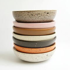 Stack of various handmade ceramic bowls with speckled patterns and modern design, isolated on white background