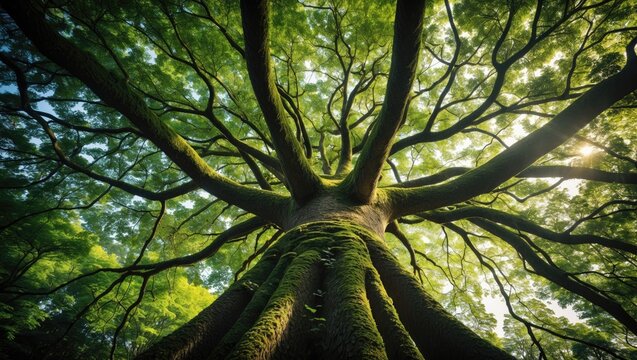 A towering tree viewed from below with lush green leaves and sunlight filtering through the branches. Nature and forestry, concept. Environment and growth. The idea of sustainability and natural life.