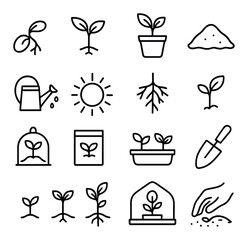 Gardening icons: seedlings, tools, and plant growth symbols on gray background