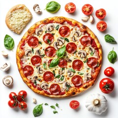 Delicious pepperoni and mushroom pizza with fresh basil, tomatoes, garlic, and bread, isolated on white background