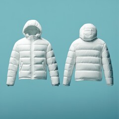 Front and back view of a white puffer jacket with a hood, showcasing its quilted design and warm material, perfect for cold weather fashion and outdoor activities