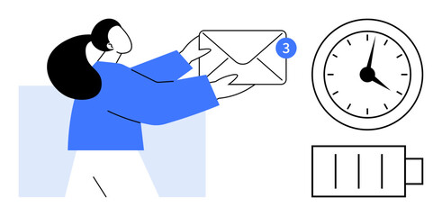 Female figure holding an envelope with notification alert, alongside clock and battery icons. Ideal for time management, communication, productivity, reminders, notifications, workflow, digital