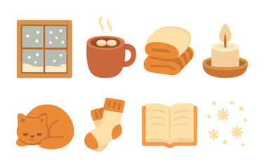 Cozy Winter Icons. Flat vector mini-illustrations cozying up indoors during snowfall in colors children's
