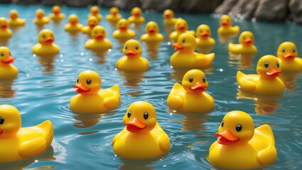 A large group of yellow rubber ducks floating on the water surface in a pool or lake.