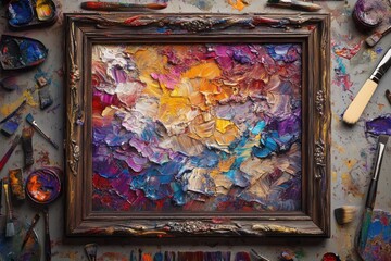 Colorful abstract painting with thick brushstrokes in an ornate frame