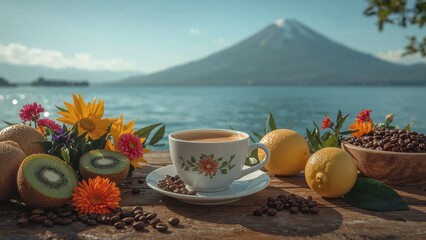 A cup of coffee with fresh fruit and flowers on a wooden table by a scenic lake and volcano.