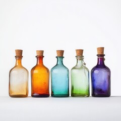 A line of five colorful glass bottles with cork stoppers, displaying amber, orange, blue, green, and purple hues