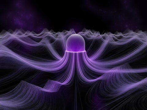 A digital illustration of a sprawling futuristic purple energy being with flowing tentacles, creating a cosmic landscape of light.