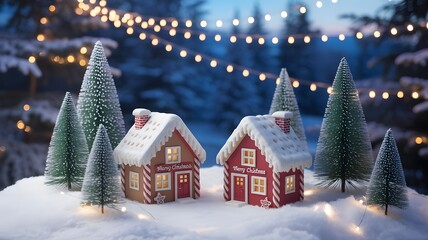 A photograph of a charming miniature winter village with illuminated gingerbread houses nestled among snowy pine trees at dusk.