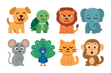 Fototapeta premium Animal Emotions Grid. Flat vector mini-illustrations animal symbols of emotion in colors children's
