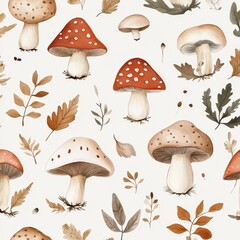 Seamless pattern of watercolor mushrooms and autumn leaves on a white background