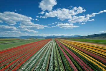 Rows of colorful tulip flowers in a field under a cloudy sky