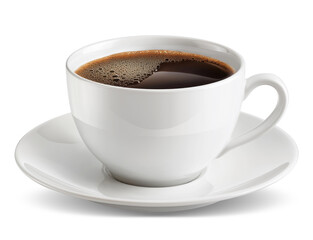 Obraz premium Classic white ceramic coffee cup filled with fresh hot black coffee, isolated on transparent background