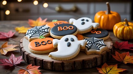 A festive collection of decorated Halloween cookies with spooky ghosts and pumpkins on a rustic wooden board.