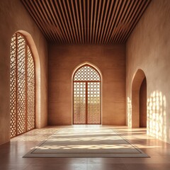 Interior view of a modern hall with islamic architectural elements, featuring geometric patterned windows and doors with warm sunlight casting shadows