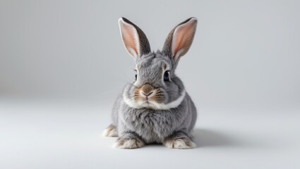 Obraz premium Cute gray rabbit with long ears sitting on a plain white background. Small pet and animal photography. Adorable furry bunny.