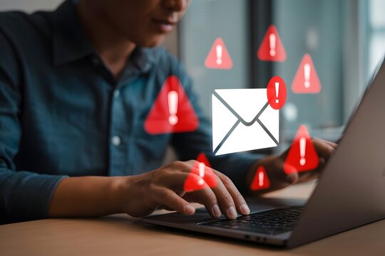 A person's hands typing on a laptop keyboard with digital icons showing a warning alert for a suspicious email, representing a cybersecurity threat or phishing scam.