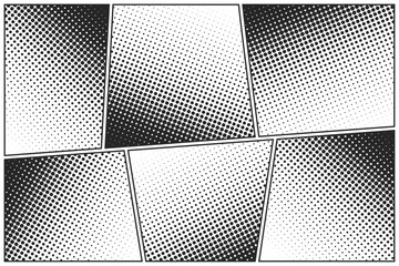 Cartoon comic backgrounds set. Comics book black and white poster with halftone elements. Retro Pop Art style. Vector illustration