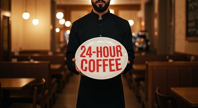 Waiter Holding a Plate with "24-HOUR COFFEE" Text in a Warm Cafe Setting.
