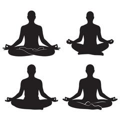 Four black silhouettes of people meditating in a lotus position