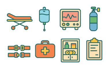 Ambulance Essentials Icons. Flat vector mini-illustrations of ambulance interior essentials in colors children