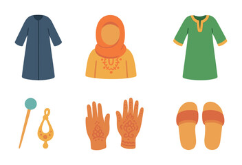 Middle Eastern Fashion Icons. Flat vector mini-illustrations of Middle Eastern fashion in colors children's