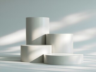 A minimalist 3D render of four white geometric podiums for product display, with natural sunlight and soft shadows on a clean background.