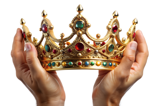 Hands holding a golden crown adorned with colorful jewels isolated on transparent background, symbolizing royalty, power, and luxury