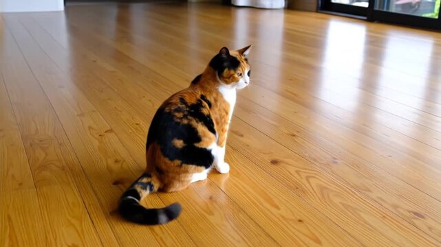 Beautiful Calico Cat Sitting Gracefully on Light Wood Flooring in a Bright Interior Setting Watching With Stripes Tail Fur and White Orange and Black Details