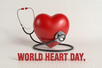 A vibrant, realistic red heart with a subtle heartbeat EKG line prominently displayed, wrapped by a medical stethoscope. World Heart Day concept