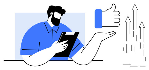 Man holding clipboard gestures towards thumbs-up and rising arrows, symbolizing success, feedback, and growth. Ideal for teamwork, productivity, evaluation, leadership, career improvement simple