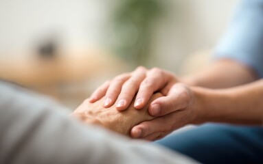 Gentle handholding between two people in a calm indoor setting providing comfort and support
