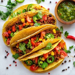 Three delicious mexican tacos filled with seasoned ground beef, fresh vegetables, and salsa, served with a side of salsa