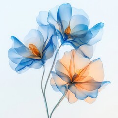 Three delicate blue translucent flowers with glowing orange centers, isolated on white background, showcasing their fragile beauty and intricate petal details