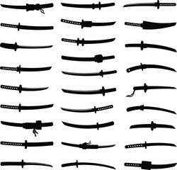 Katana Sword Vector Silhouette Illustration Set. A comprehensive collection of Japanese samurai sword designs for martial arts, history, and culture concepts.