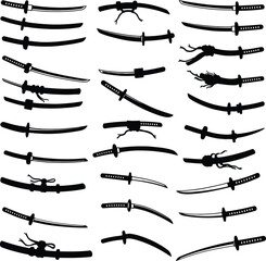 Katana Sword Vector Silhouette Illustration Set. A comprehensive collection of Japanese samurai sword designs for martial arts, history, and culture concepts.