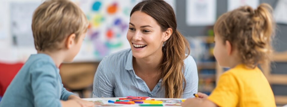 Engaging moments in a colorful classroom with a teacher and young students during a creative activity