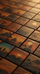 Naklejka premium Detailed view of a collection of wooden tiles featuring unique sunset landscapes and traditional oriental art designs