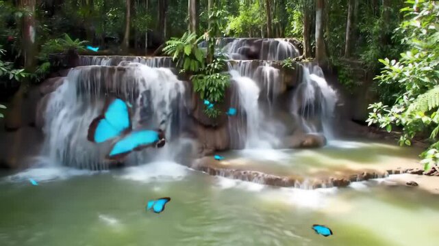 Lush jungle waterfall scene with a stepped cascade flowing into a serene pond, blue butterflies flitting around a vibrant green forest backdrop in daylight.
